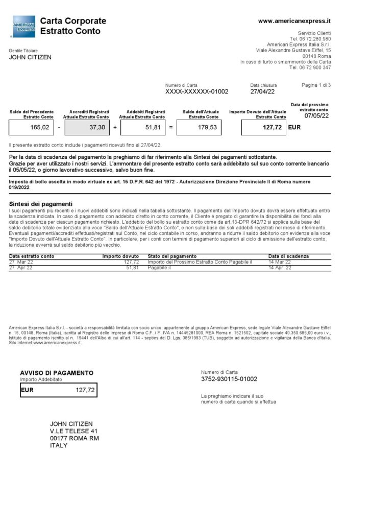 Italy American Express Amex bank card statement Word and PDF template, 3 pages 1