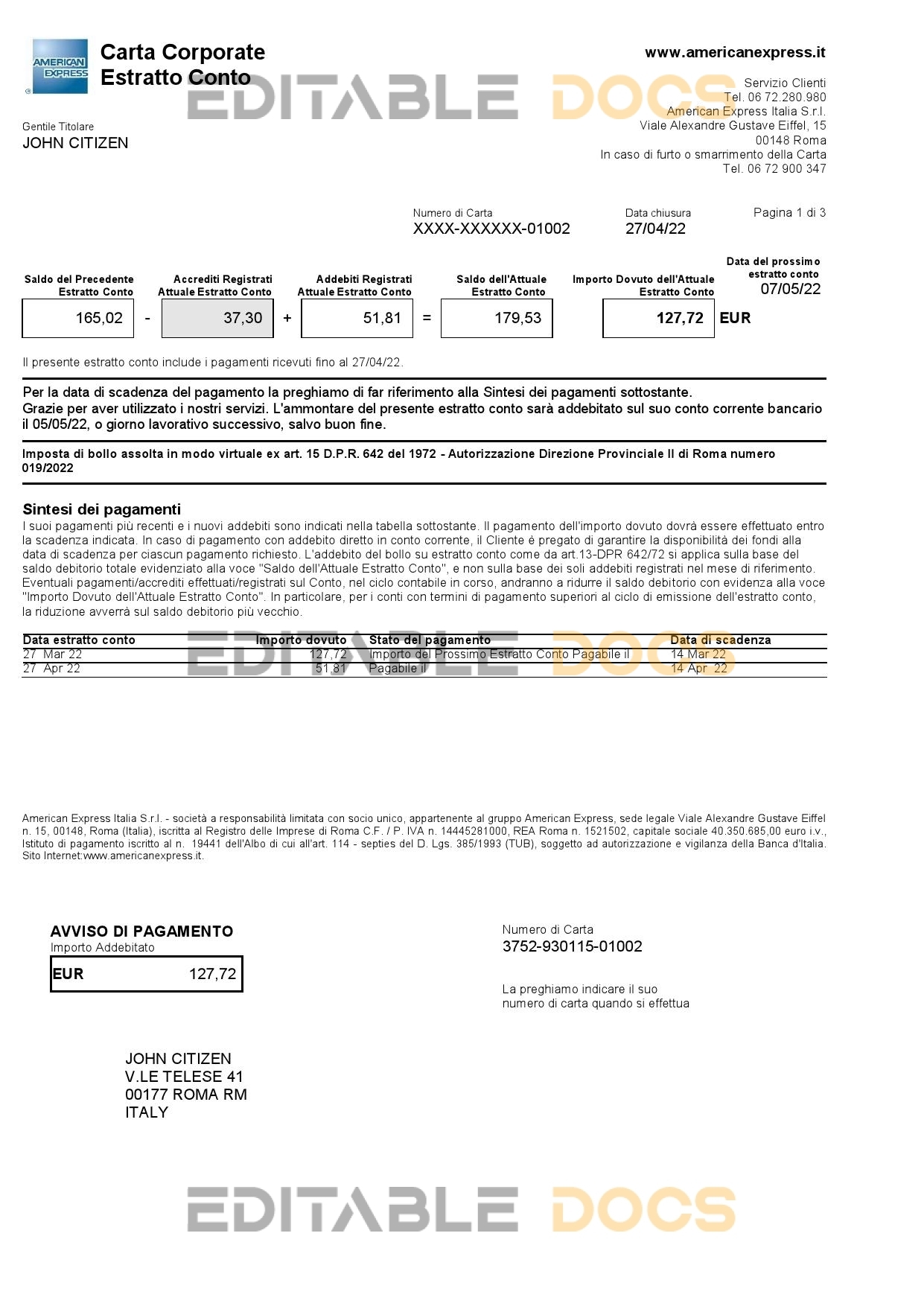 Italy American Express Amex bank card statement Word and PDF template, 3 pages