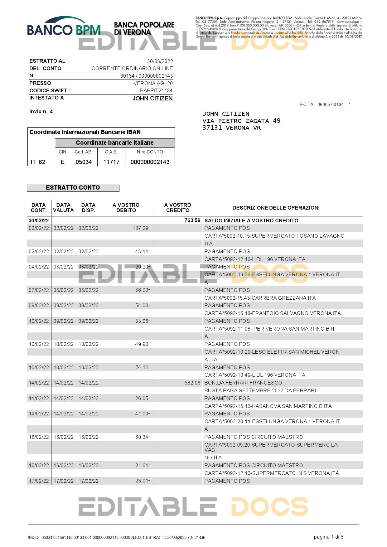 Italy Banco BPM bank statement Word and PDF template, 8 pages