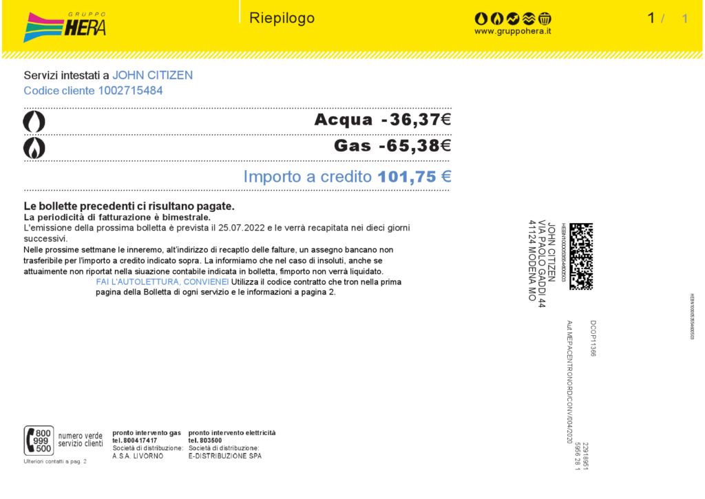 Italy Gruppo Hera utility bill, Word and PDF template