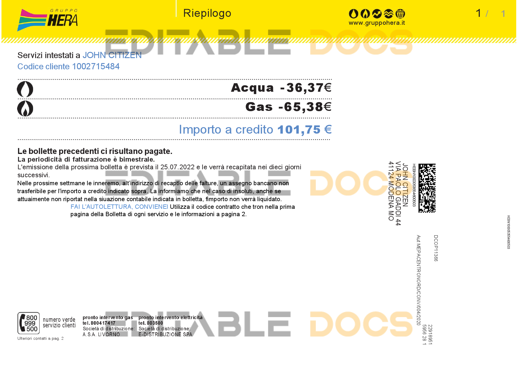 Italy Gruppo Hera utility bill, Word and PDF template