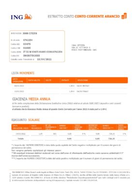 Italy ING bank statement Word and PDF template, 2 pages