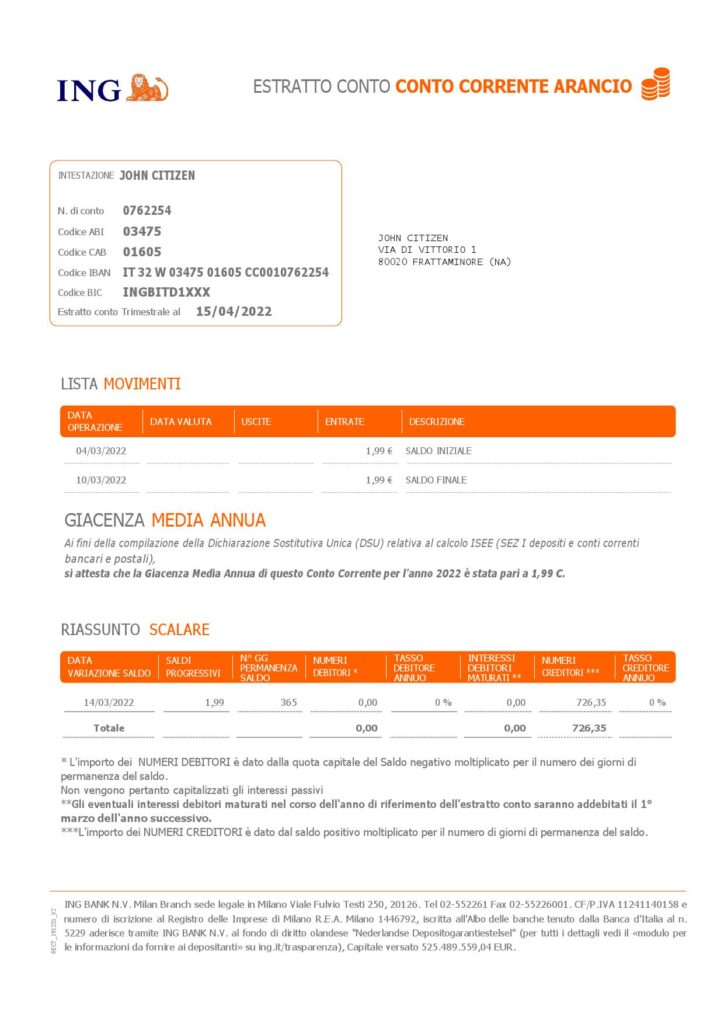 Italy ING bank statement Word and PDF template, 2 pages 1
