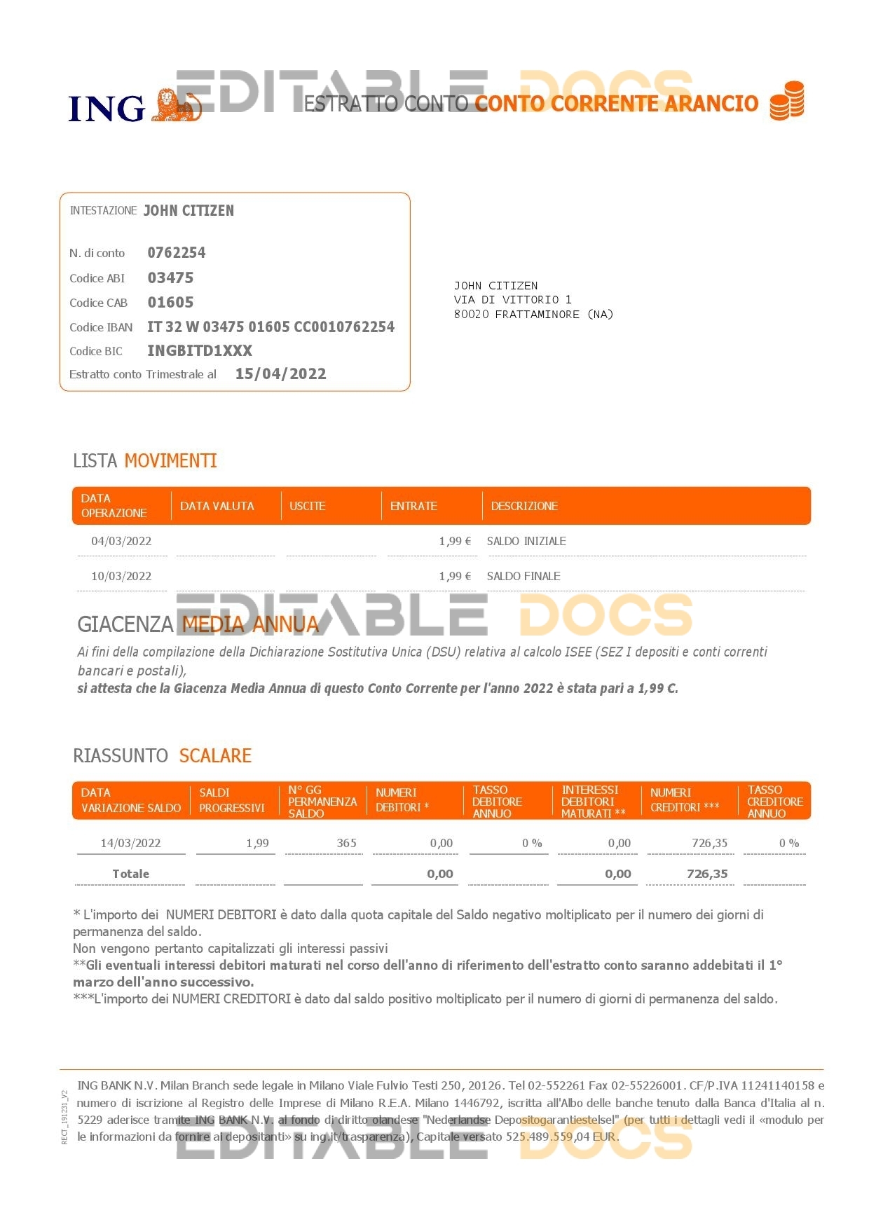 Italy ING bank statement Word and PDF template, 2 pages
