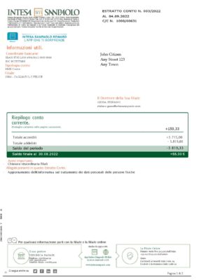 Italy Intesa Sanpaolo bank statement Word and PDF template, 2 pages