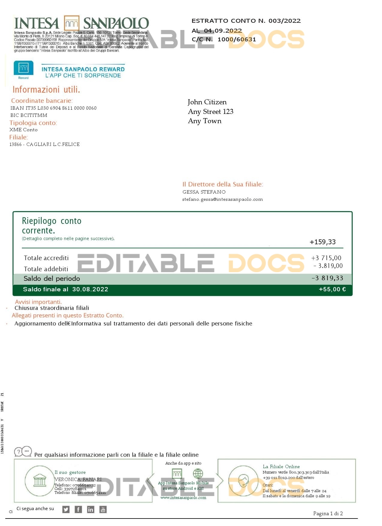 Italy Intesa Sanpaolo bank statement Word and PDF template, 2 pages