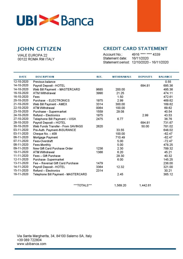 Italy UBI BANCA bank statement template in Word and PDF format, fully editable