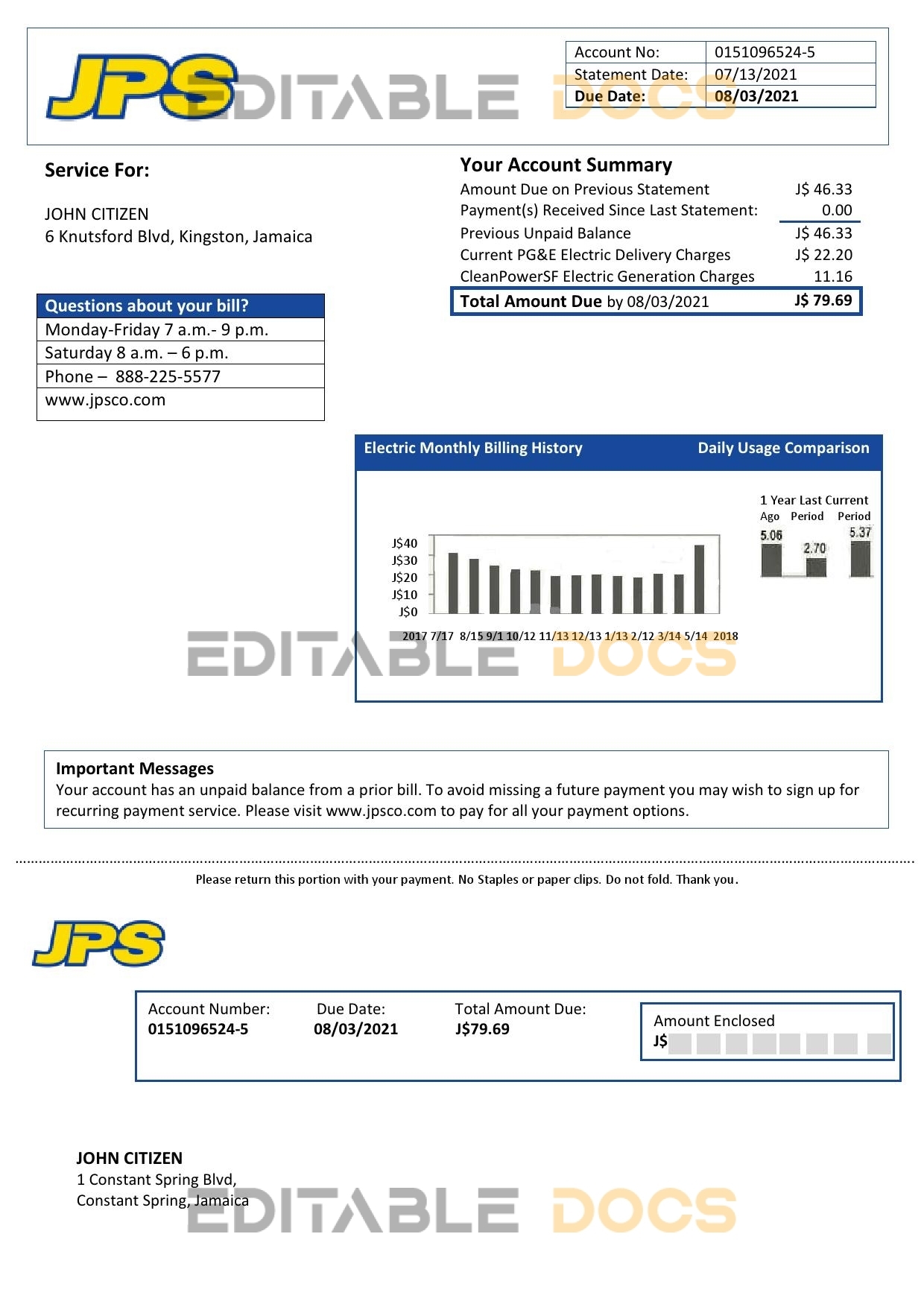 Jamaica Public Service (JPS) electricity utility bill template in Word and PDF format