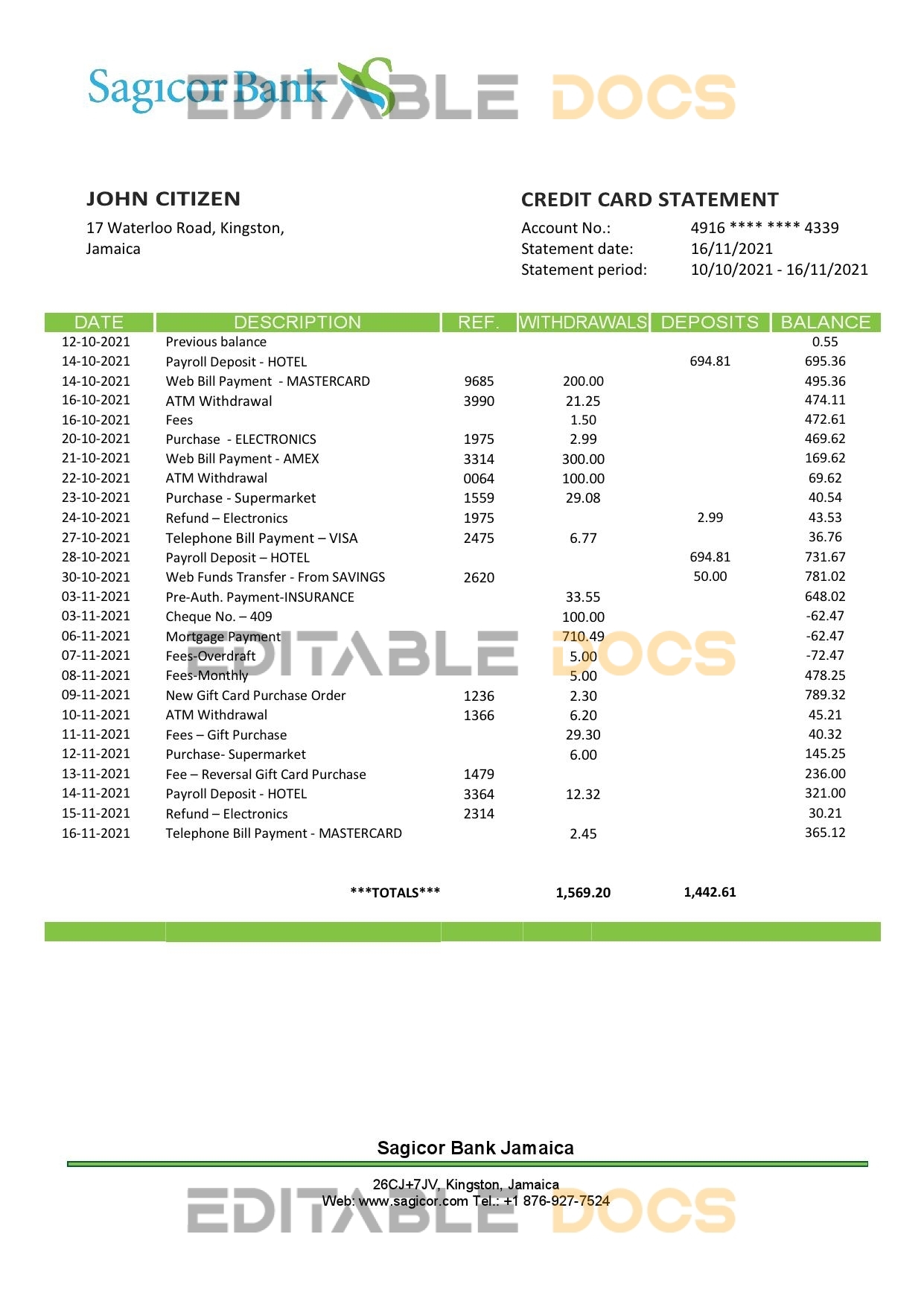 Jamaica Sagicor Bank statement template, Word and PDF format (.doc and .pdf)