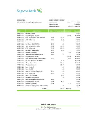 Jamaica Sagicor bank statement Excel and PDF template