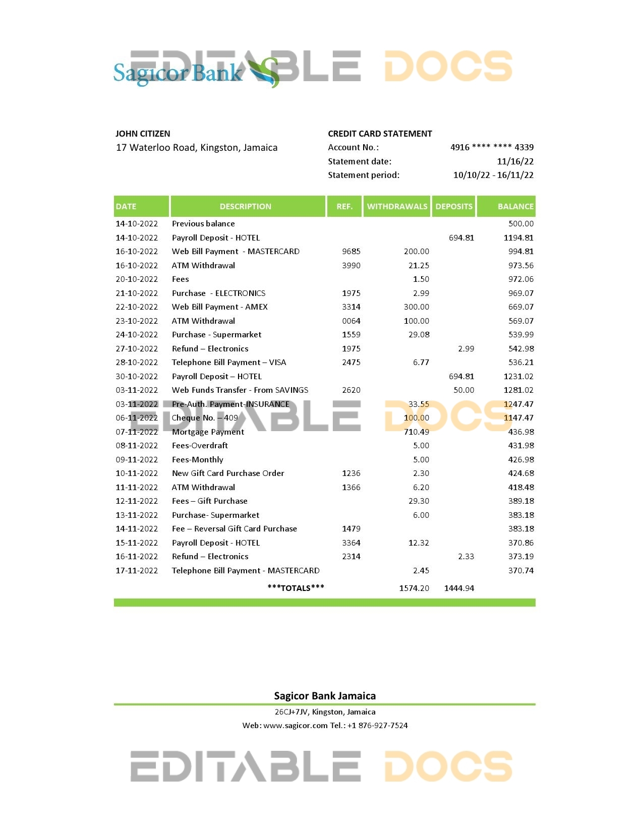 Jamaica Sagicor bank statement Excel and PDF template