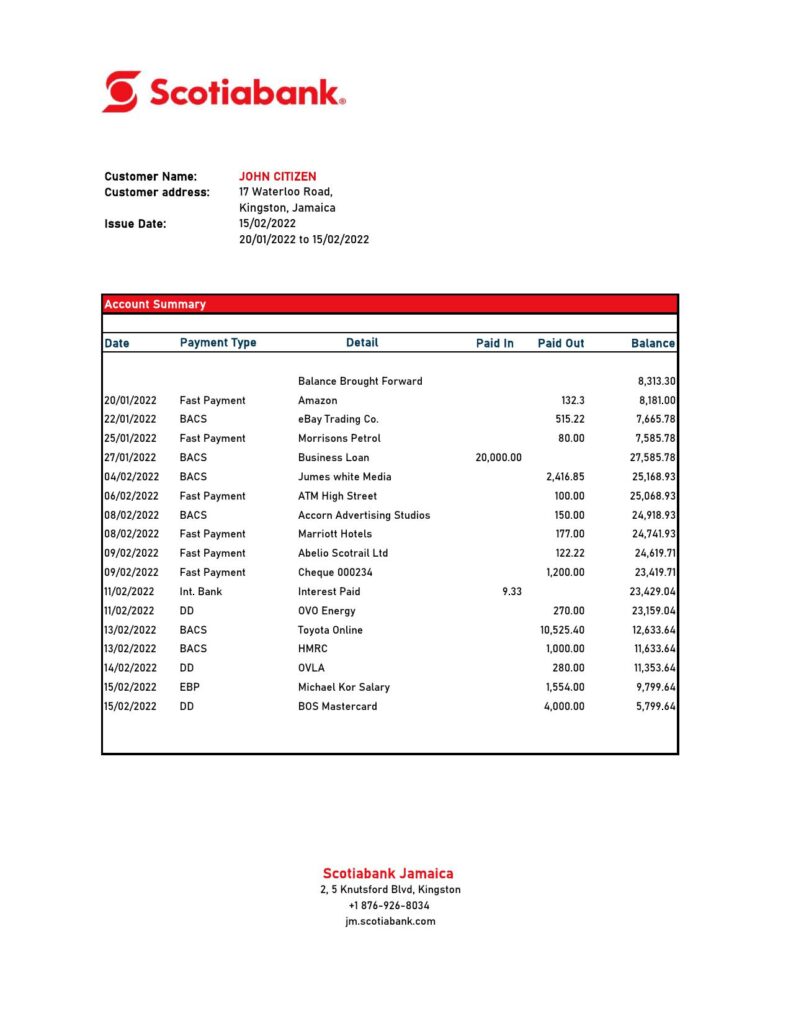 Jamaica Scotiabank bank statement Excel and PDF template