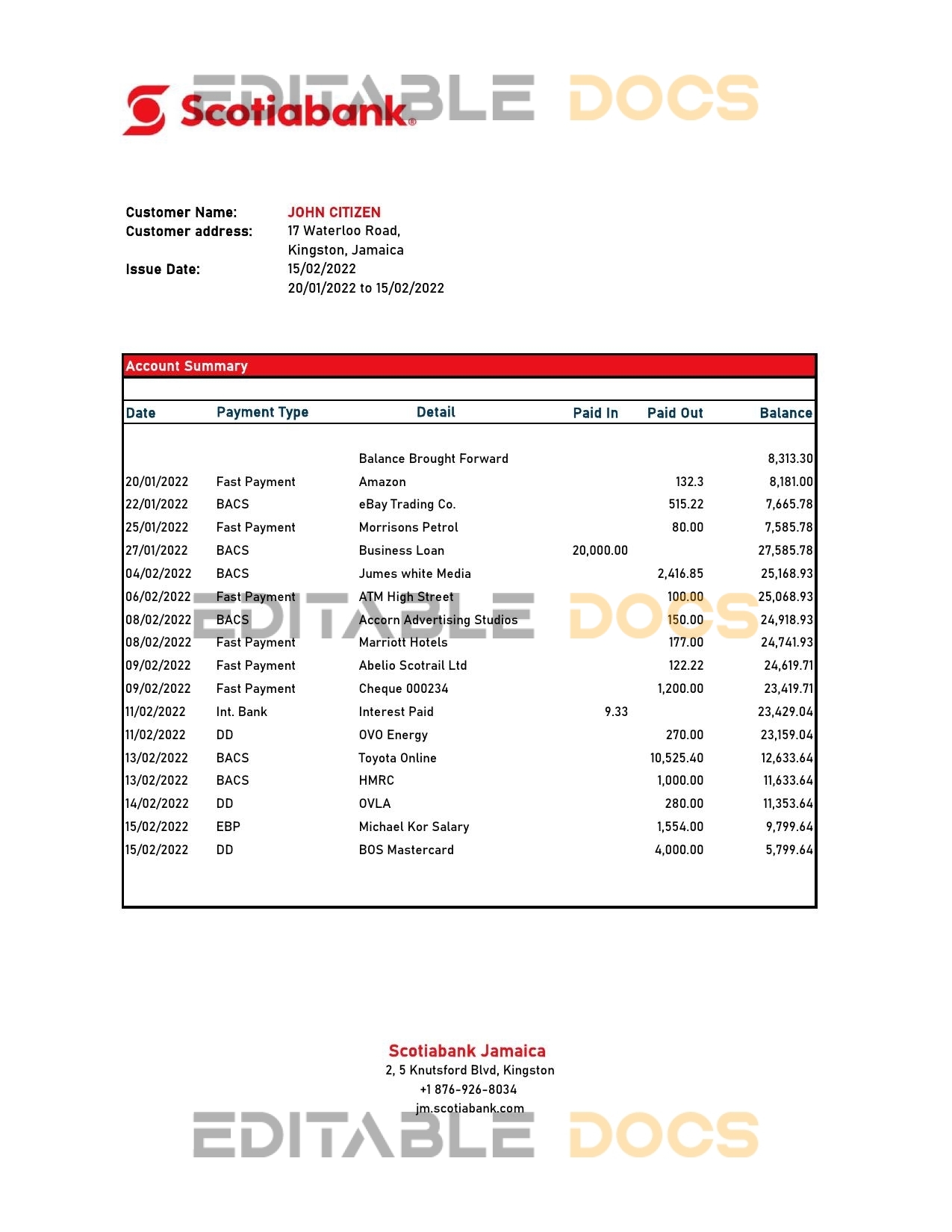 Jamaica Scotiabank bank statement Excel and PDF template