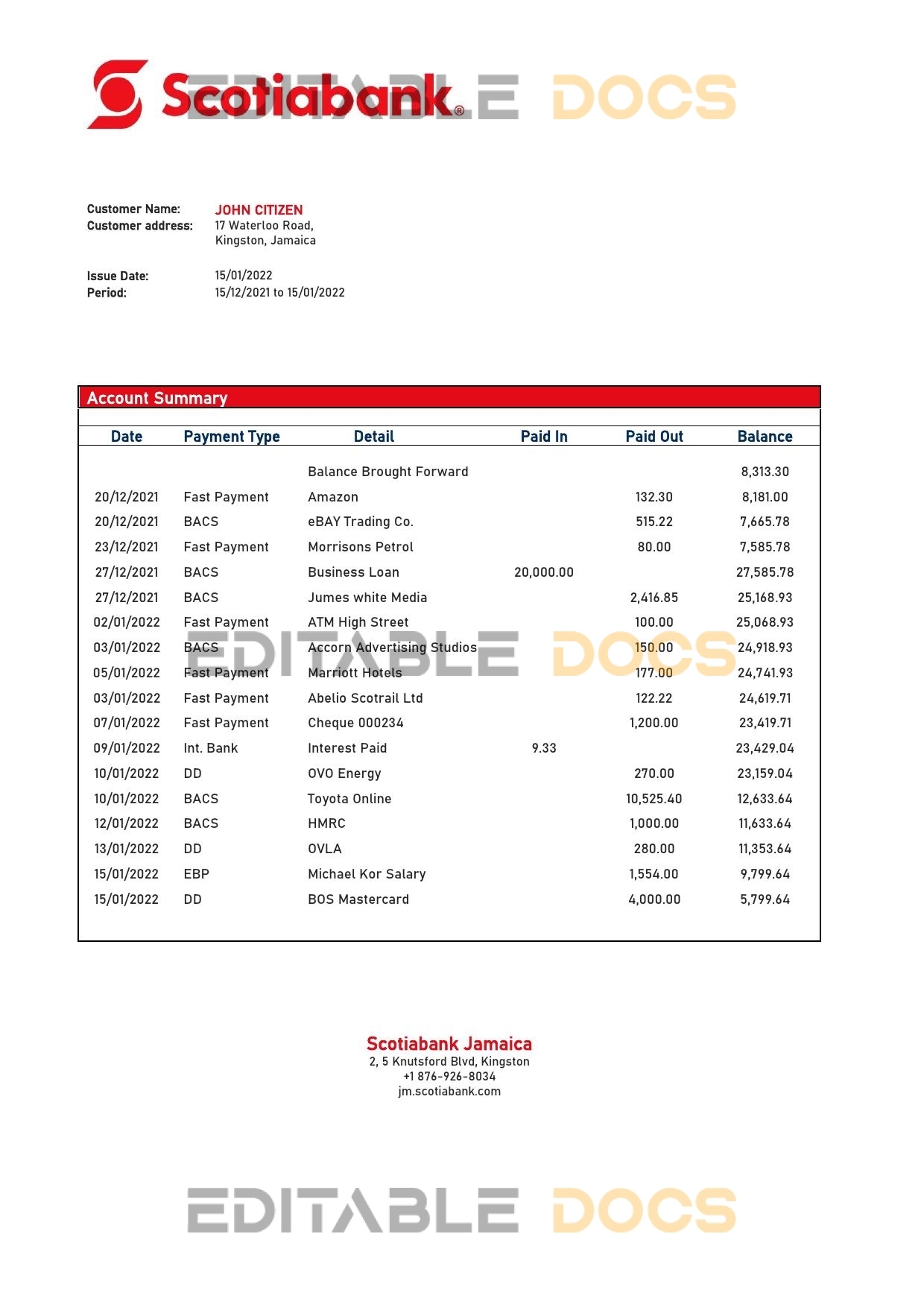 Jamaica Scotiabank bank statement template in Word and PDF format