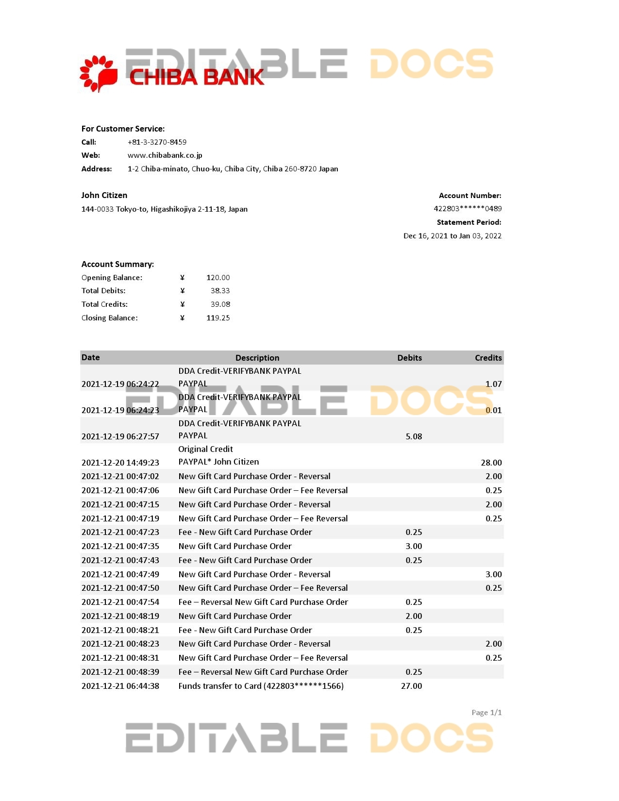 Japan Chiba bank statement Excel and PDF template