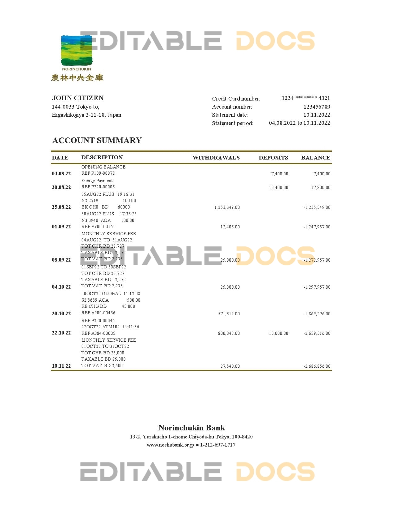 Japan Norinchukin bank statement Excel and PDF template