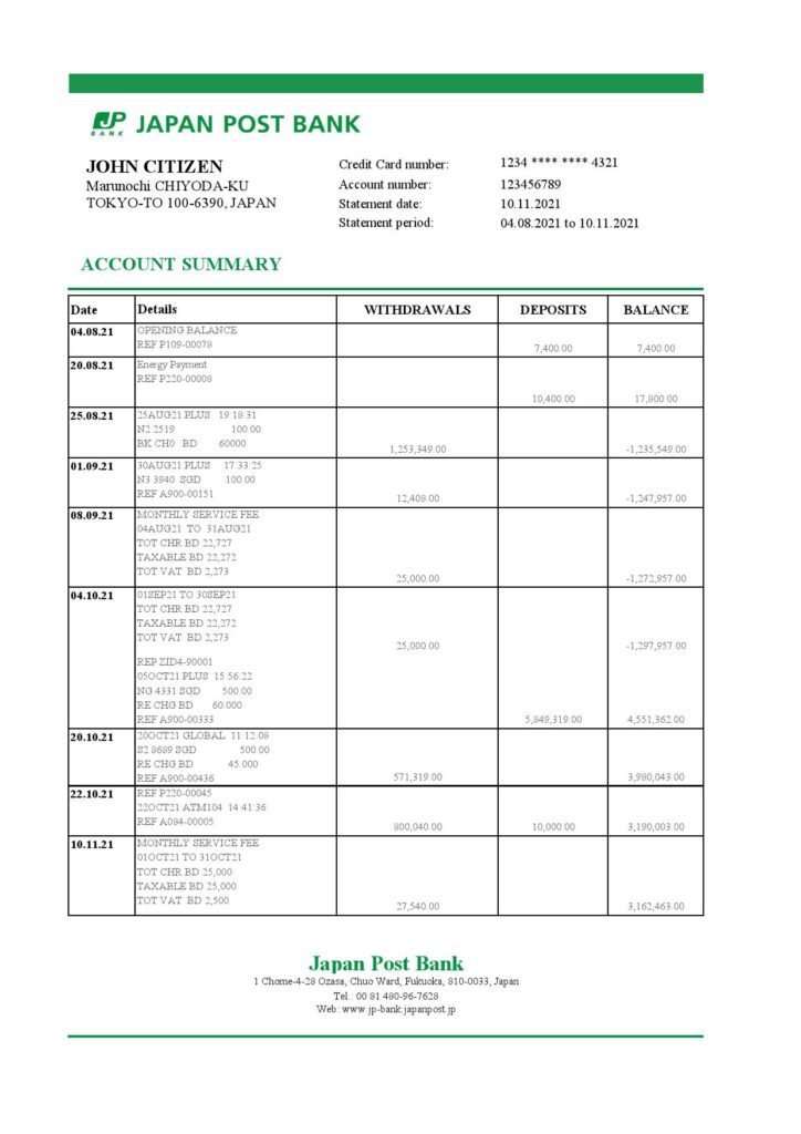 Japan Post bank statement easy to fill template in Excel and PDF format