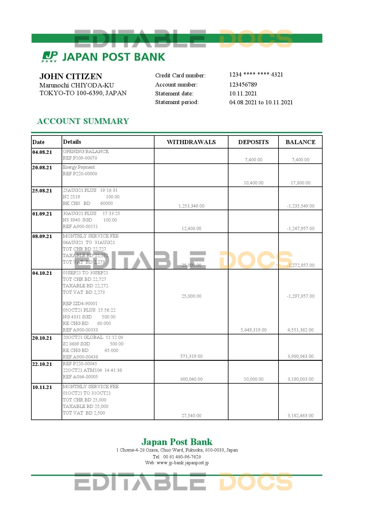Japan Post bank statement easy to fill template in Excel and PDF format