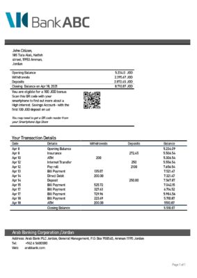 Jordan ABC Bank statement template in Word and PDF format
