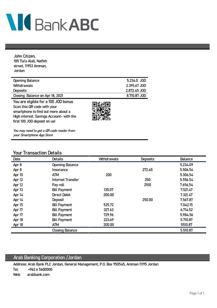 Jordan ABC Bank statement template in Word and PDF format