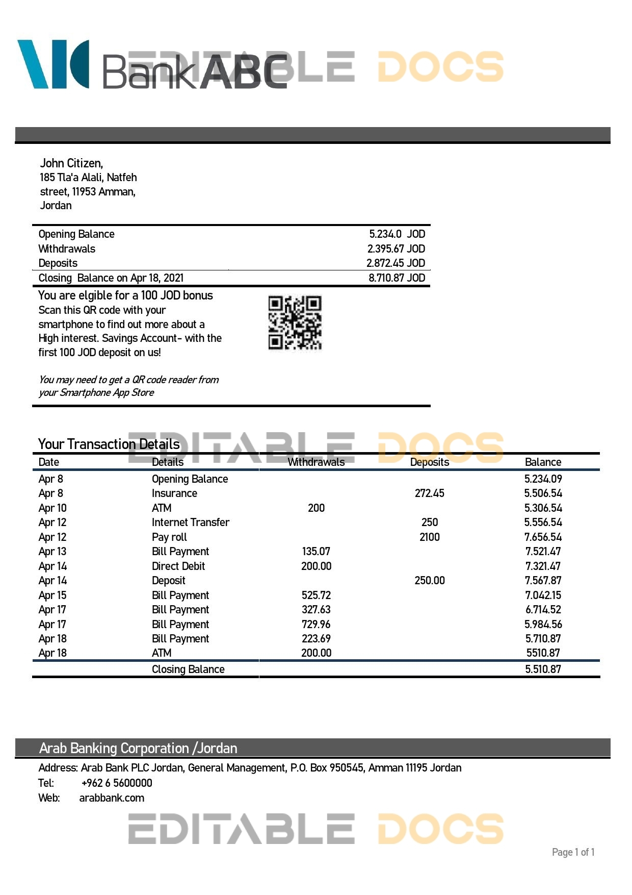 Jordan ABC Bank statement template in Word and PDF format