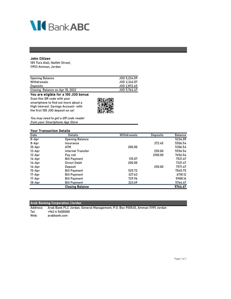 Jordan ABC bank statement Excel and PDF template