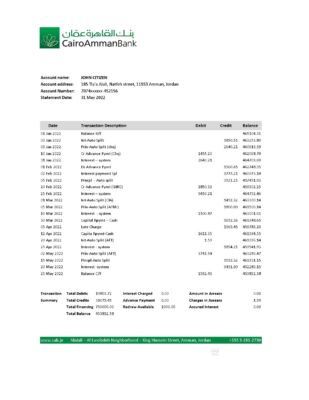 Jordan Cairo Amman bank statement Excel and PDF template
