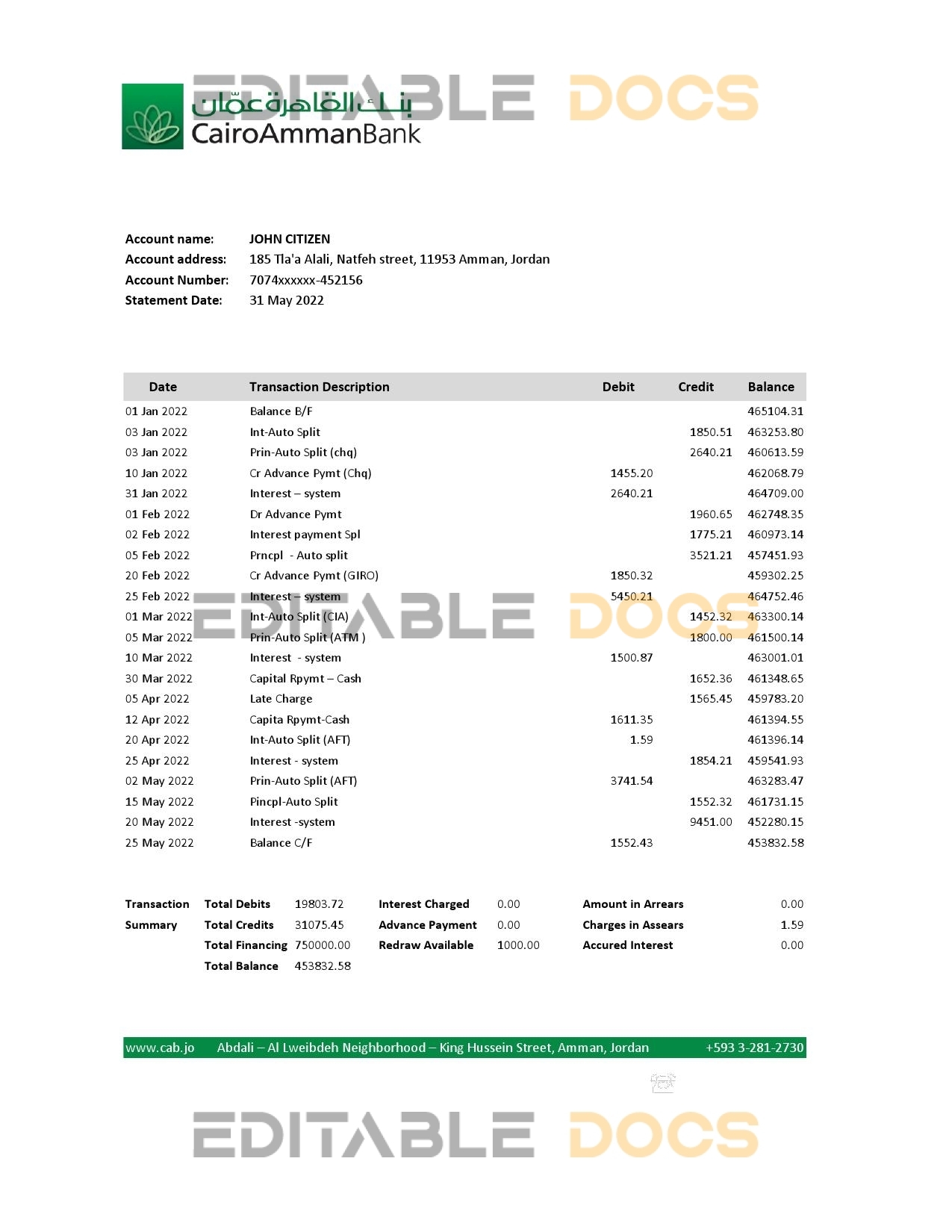 Jordan Cairo Amman bank statement Excel and PDF template