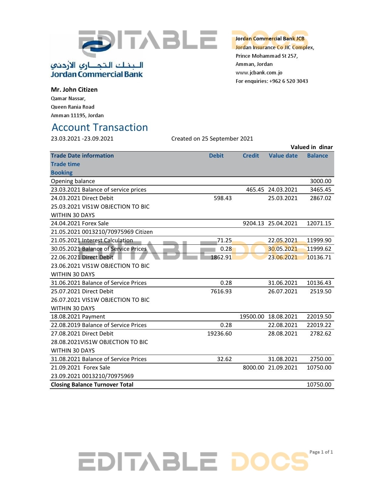 Jordan Commercial Bank JCB bank statement easy to fill template in .xls and .pdf file format