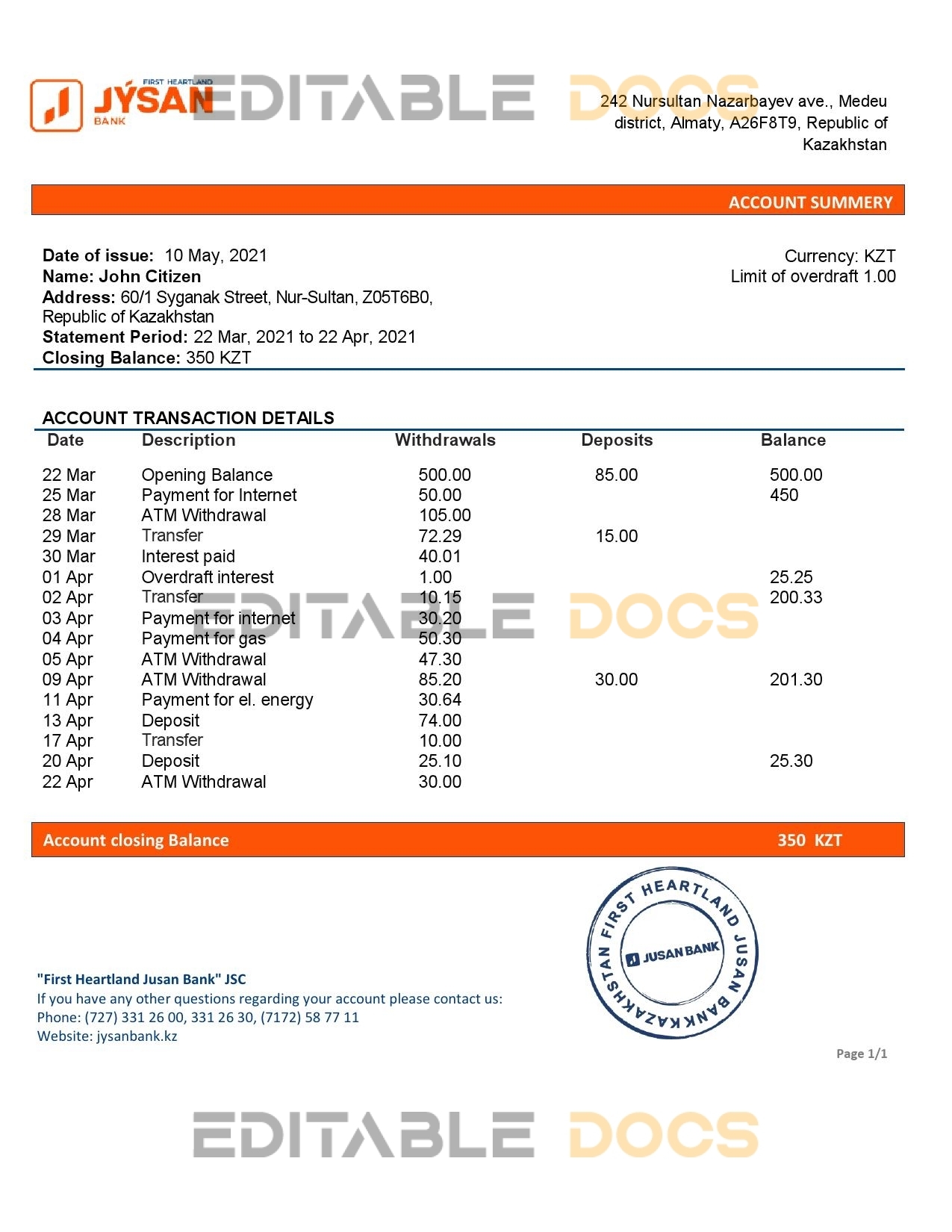 Kazakhstan First Heartland Jusan Bank statement template in Word and PDF format