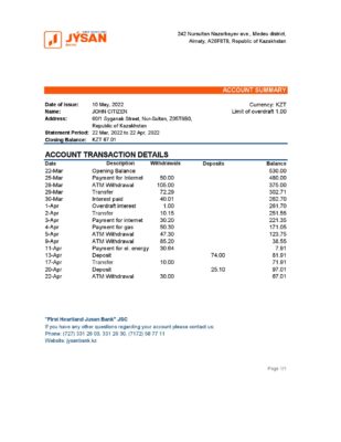 Kazakhstan First Heartland Jusan bank statement Excel and PDF template