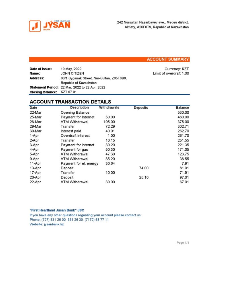 Kazakhstan First Heartland Jusan bank statement Excel and PDF template