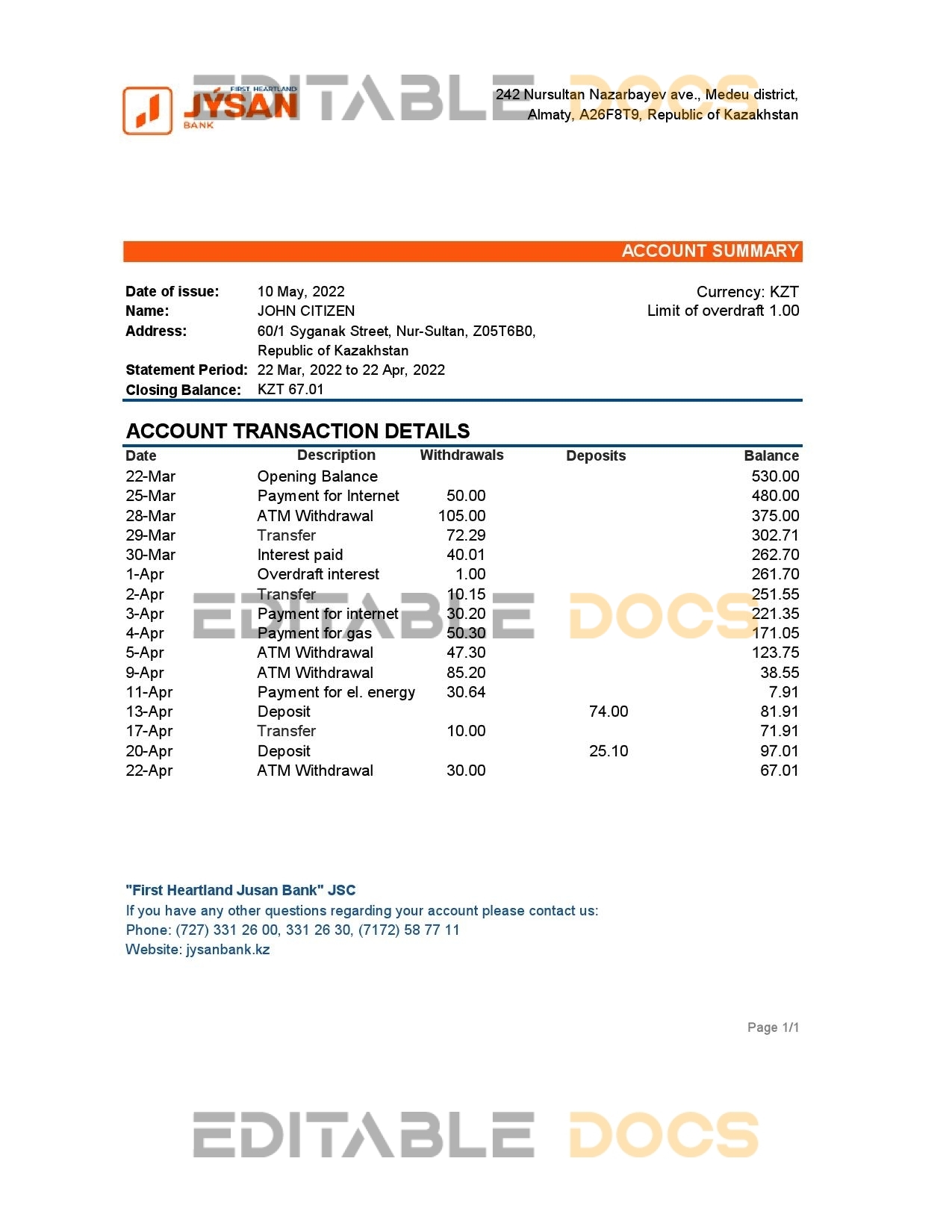 Kazakhstan First Heartland Jusan bank statement Excel and PDF template