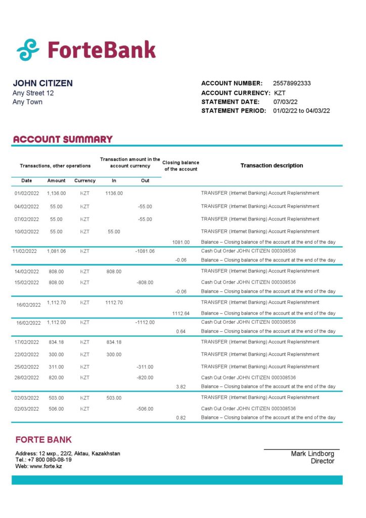 Kazakhstan Forte bank statement template in Excel and PDF format