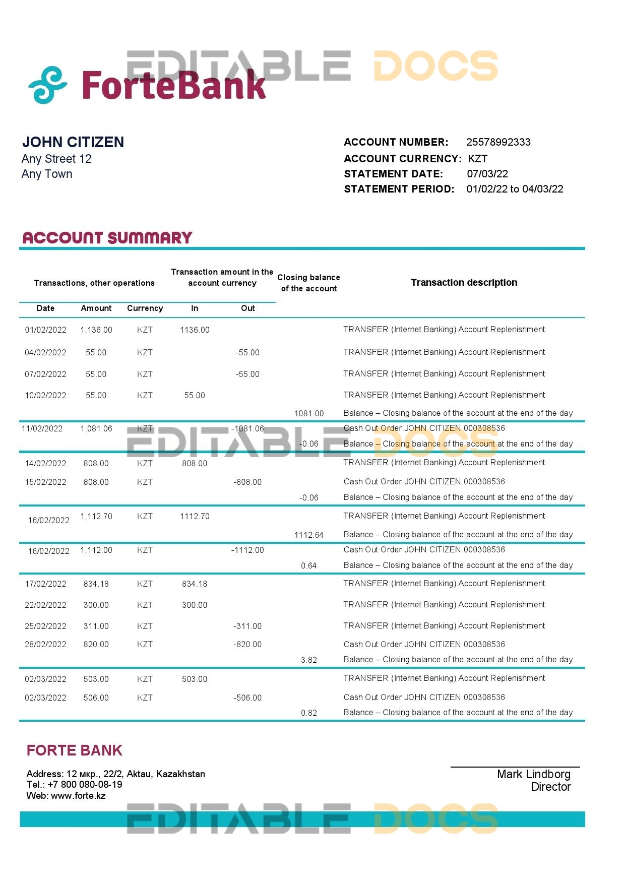 Kazakhstan Forte bank statement template in Excel and PDF format