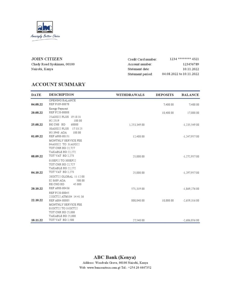 Kenya ABC bank statement Excel and PDF template