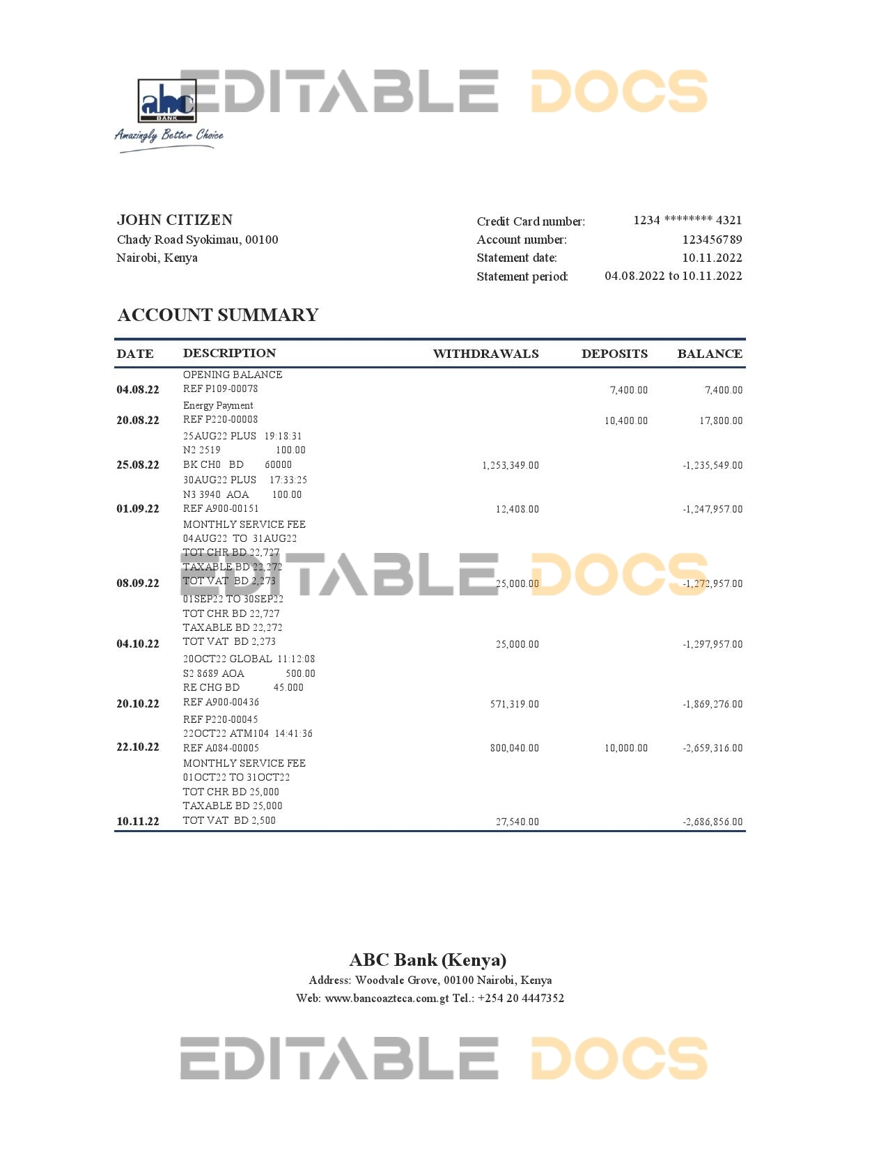 Kenya ABC bank statement Excel and PDF template