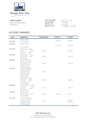 Kenya ABC bank statement template in Word and PDF format