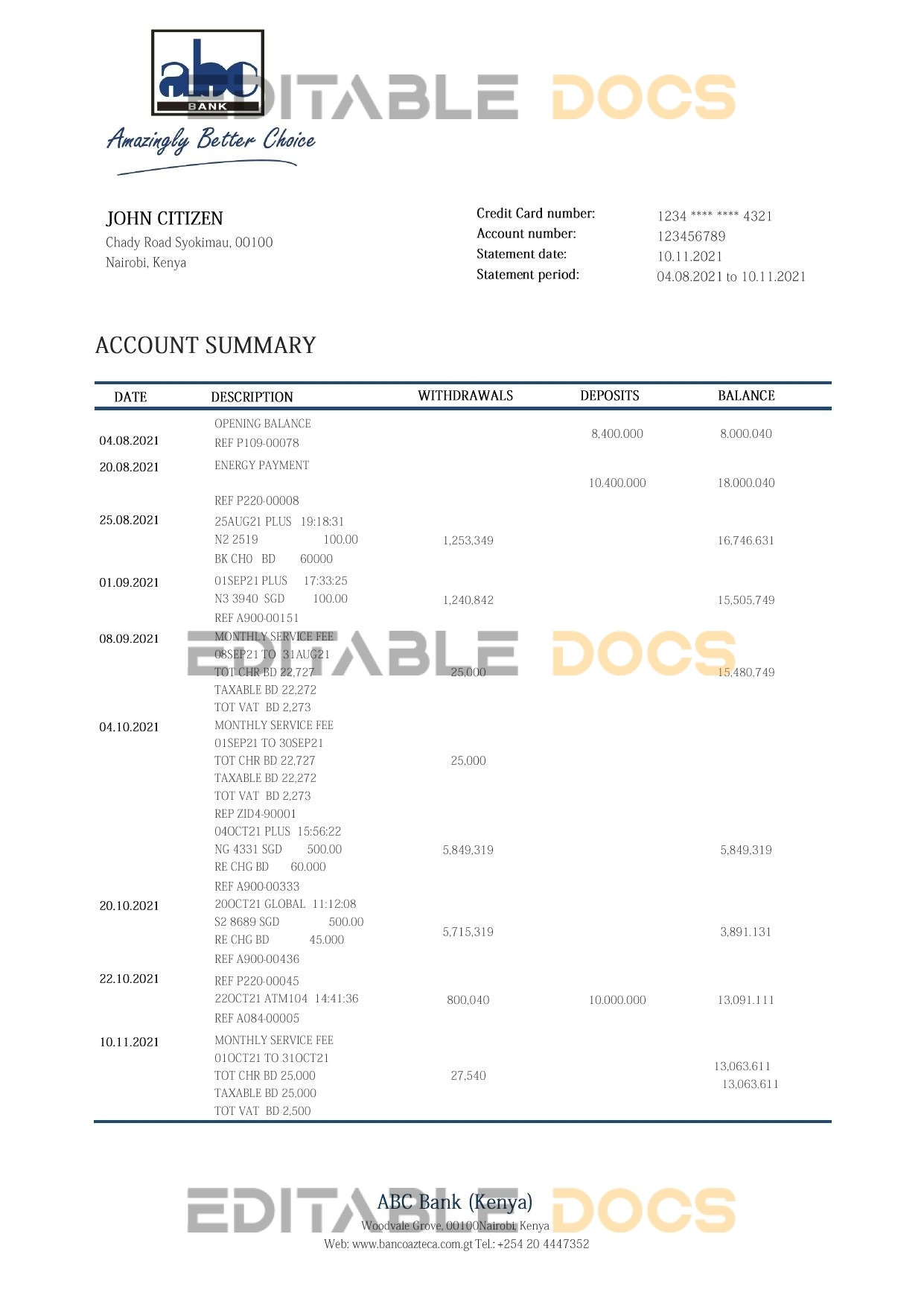 Kenya ABC bank statement template in Word and PDF format