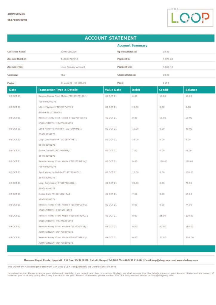 Kenya CBA Loop bank statement, Word and PDF template, 6 pages