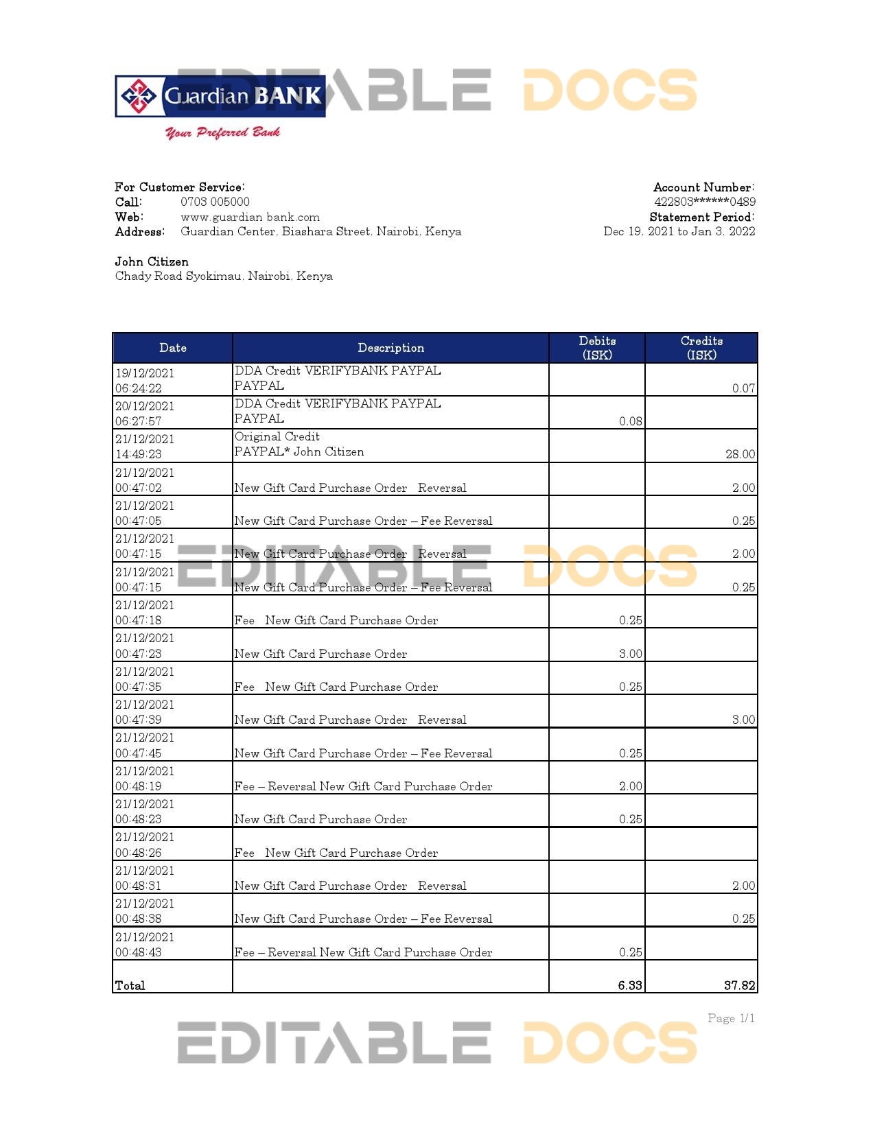 Kenya Guardian Bank statement Excel and PDF template