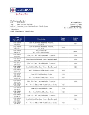 Kenya Guardian Bank statement template in Word and PDF format