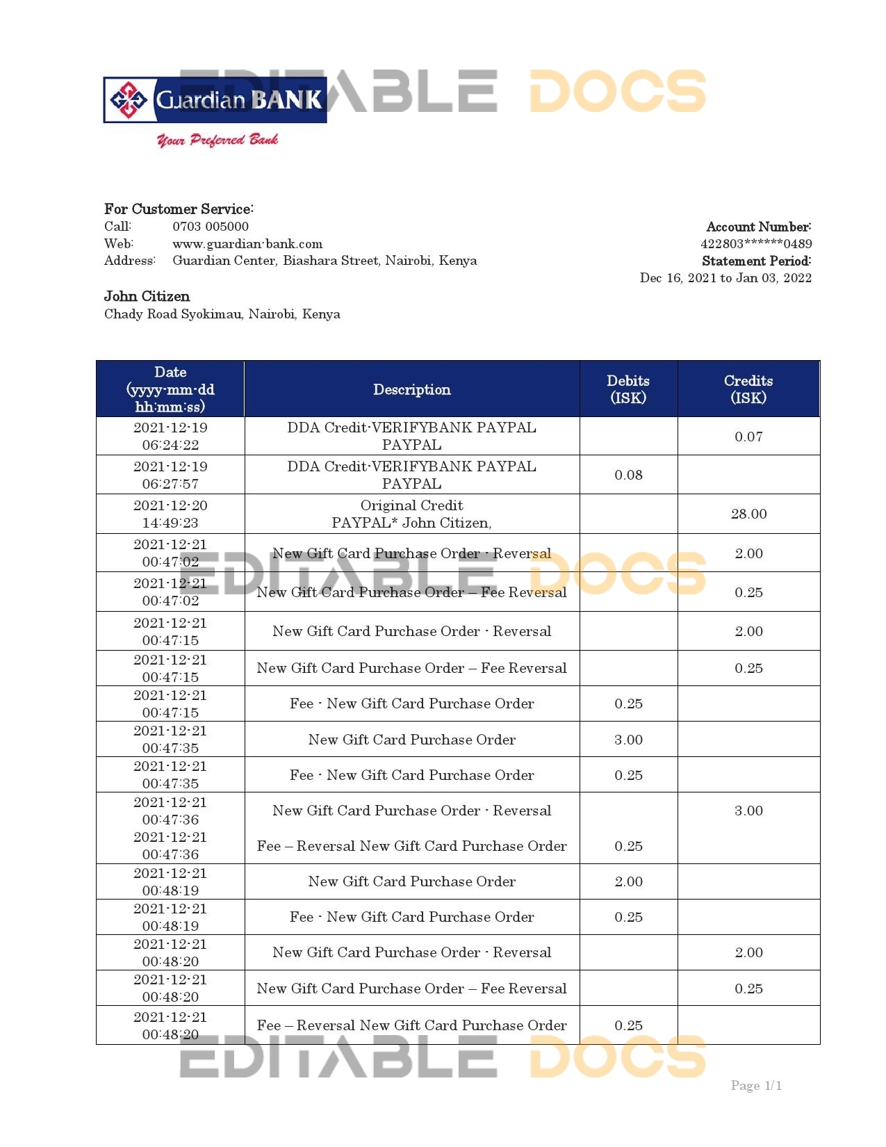 Kenya Guardian Bank statement template in Word and PDF format