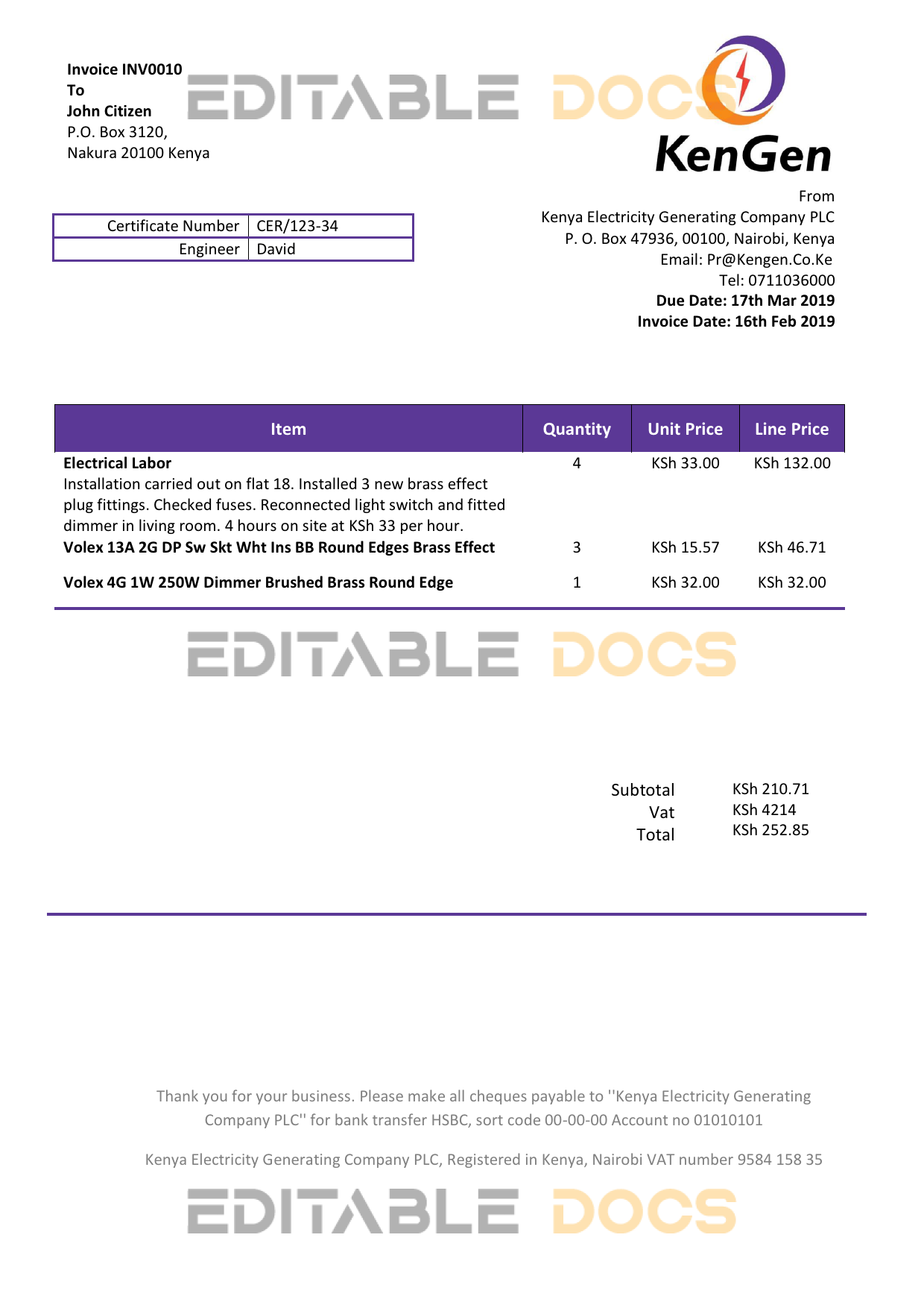Kenya KenGen Electricity Generating Company utility bill template in Word and PDF format