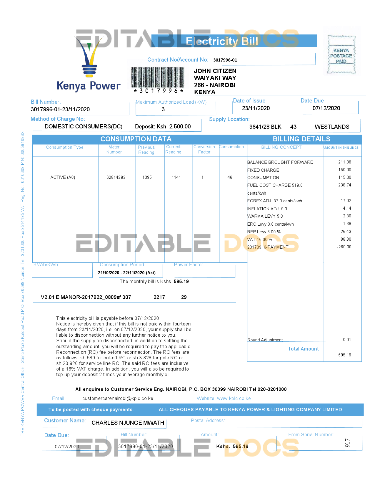Kenya Power utility bill template in Word and PDF format