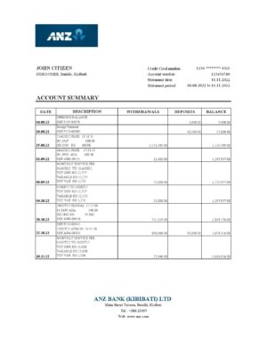Kiribati ANZ bank statement Excel and PDF template