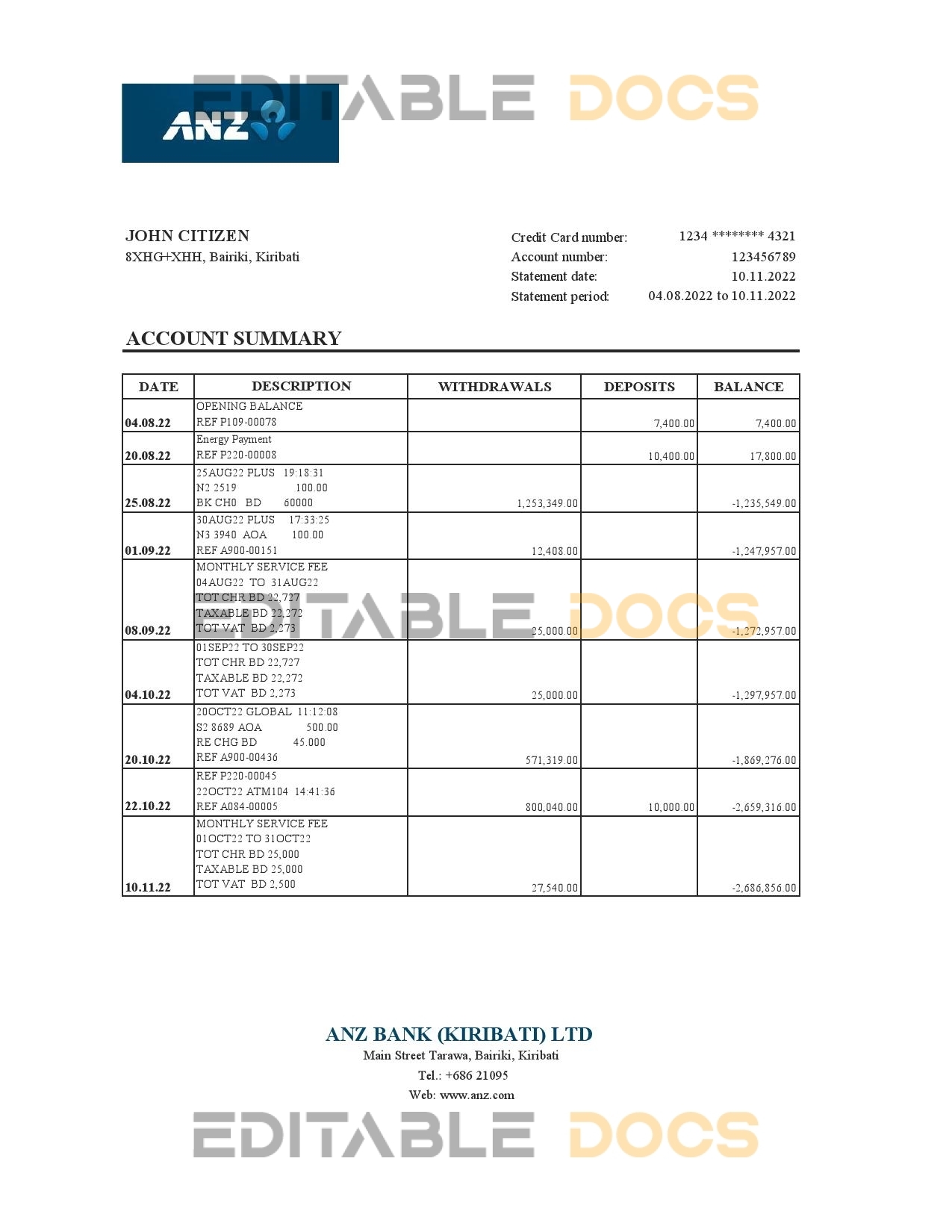 Kiribati ANZ bank statement Excel and PDF template