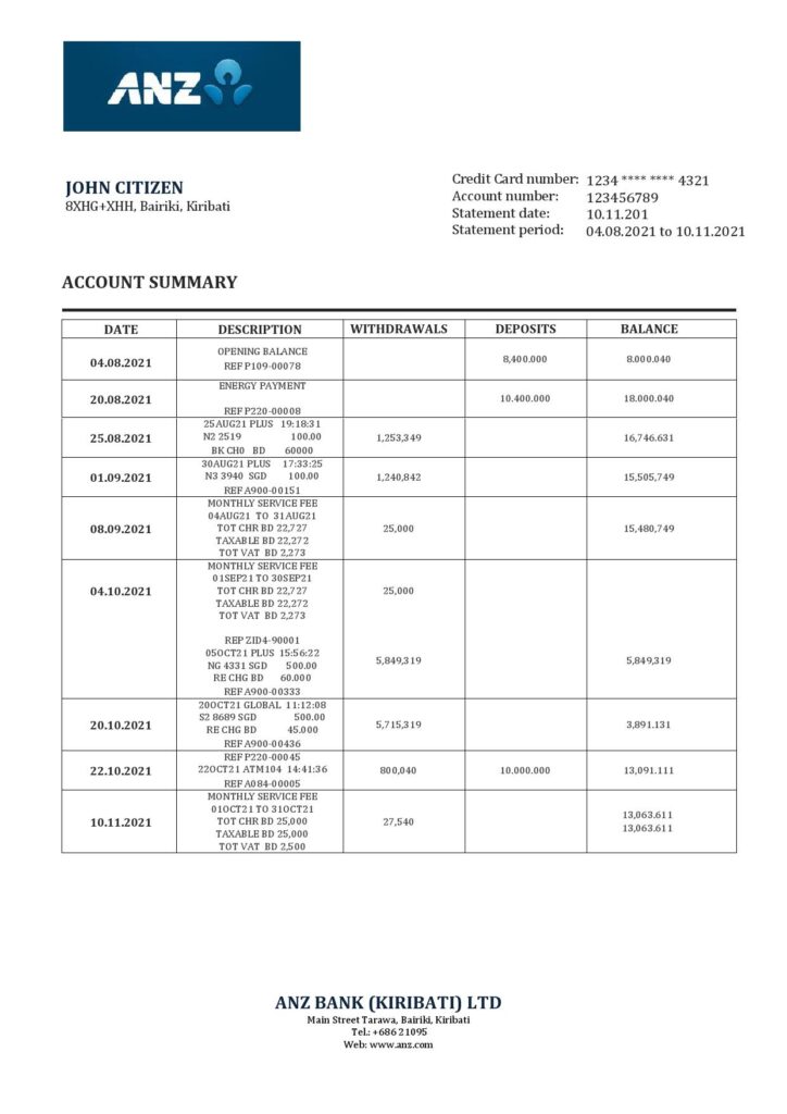 Kiribati ANZ bank statement template in Word and PDF format