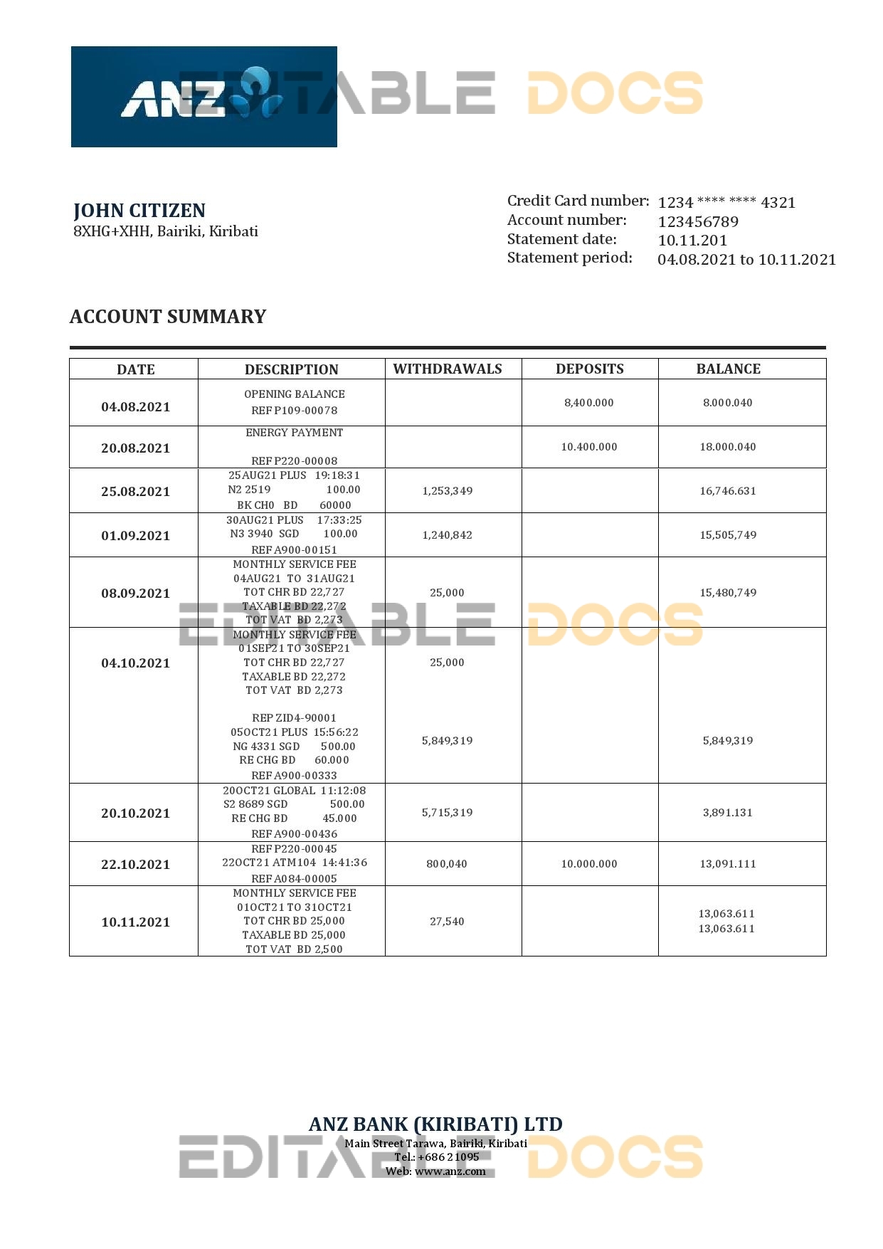 Kiribati ANZ bank statement template in Word and PDF format