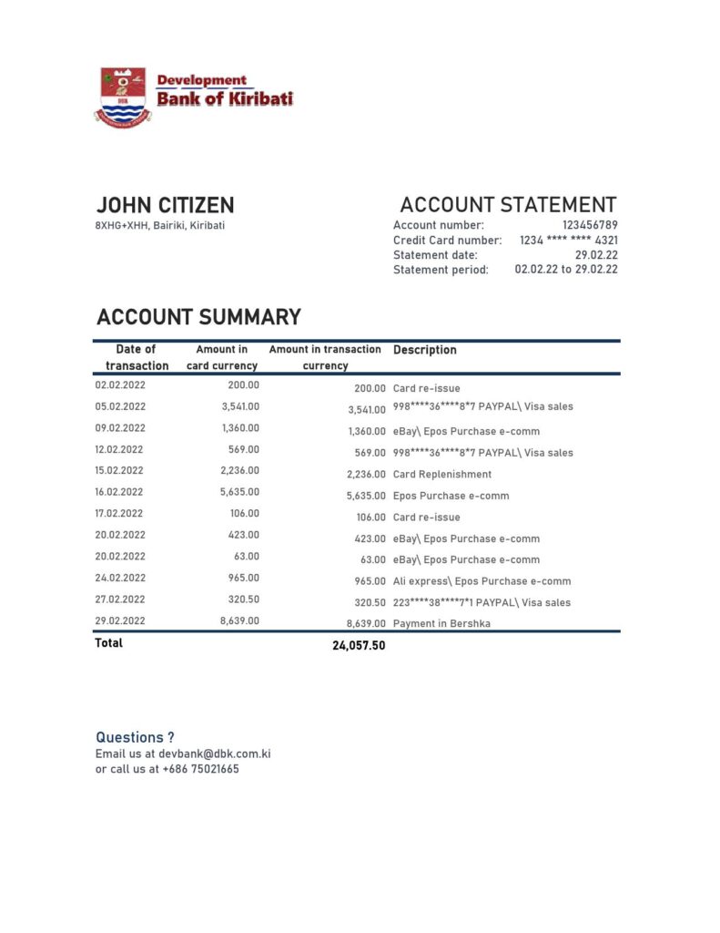 Kiribati Development Bank of Kiribati Excel and PDF template